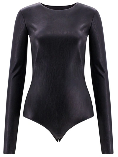 Mm6 Maison Margiela Frontal Print Leather And Nylon Bodysuit In Black