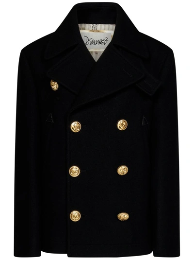 Dsquared2 Felted Wool Double Breasted Peacoat In Black
