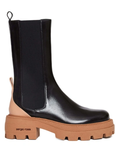 Sergio Rossi Black And Natural Leather Ankle Boots