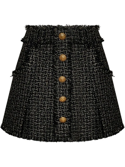 Balmain Button-embellished Pleated Metallic Tweed Mini Skirt In Black