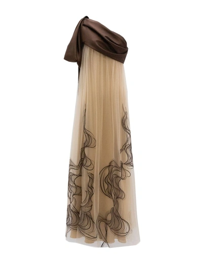 Gemy Maalouf One-shoulder Embroidered Gown In Brown