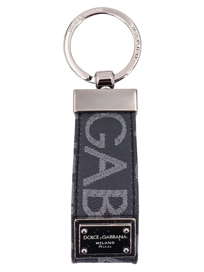 Dolce & Gabbana Coated Canvas Keychain With All-over Lettering Logo In Black