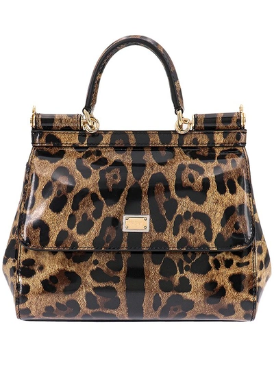 Dolce & Gabbana All-over Animalier Print Patent Leather Handbag In Brown