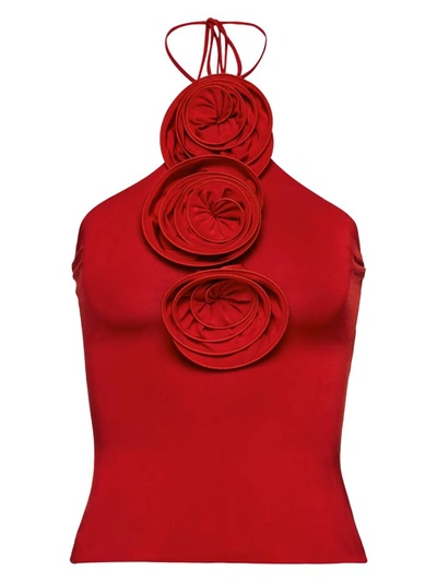 Magda Butrym Floral Jersey Tie Neck Top In Red