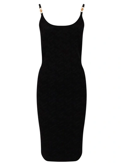 Versace Viscose Dress With La Greca Motif In Black