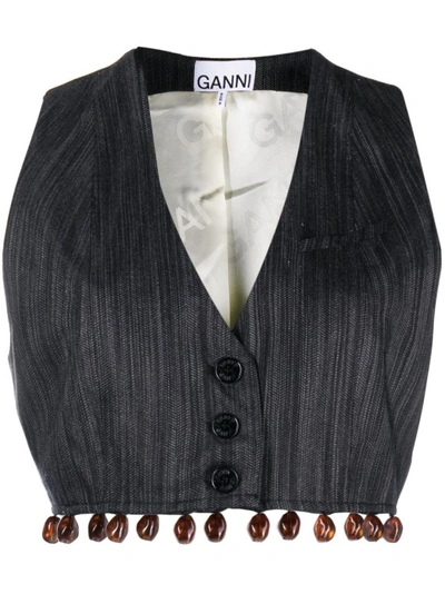 Ganni Bead-embellished Striped Waistcoat In Black