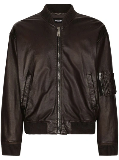 Dolce & Gabbana Bomberjacke Aus Lammleder In Brown