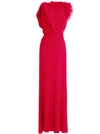 GEMY MAALOUF RED ASYMMETRICAL FEATHERED CREPE DRESS - LONG DRESSES