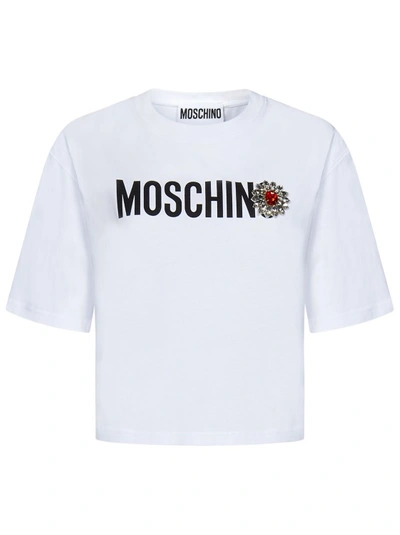 Moschino White Cotton Jersey Cropped T-shirt With Logo Print