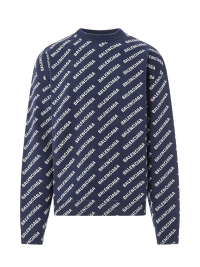 Balenciaga All-over Logo Cotton Blend Sweater In Blue