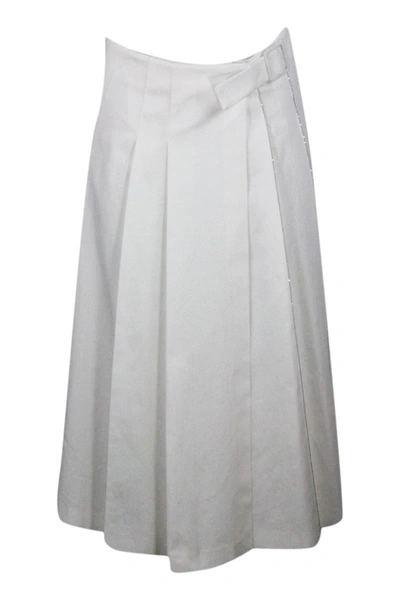 Fabiana Filippi Long Skirt In Cotton With Pleats On The Front With Zip And Pockets On The Front And Embellished With In White