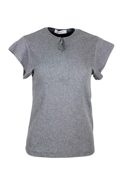 Fabiana Filippi Short-sleeved Round-neck Cotton Jersey T-shirt With Zip And Embellished With Rows Of Brilliant Jewel In Grey