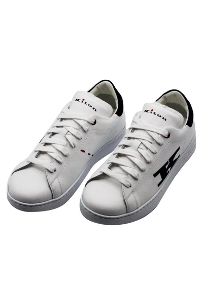 Kiton Sneackers Shoe In Leather With Suede Trims And With Contrasting Stitching. In White