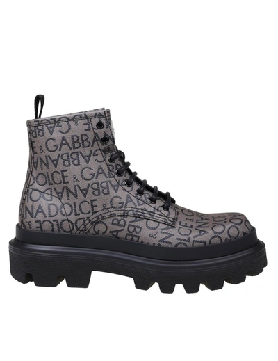 Dolce & Gabbana Ankle Boots In Coated Fabric With Logo In Black