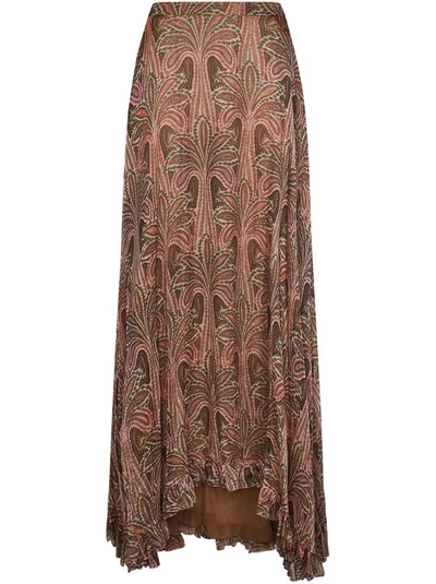 Etro Long Crepon Skirt With Print In Brown