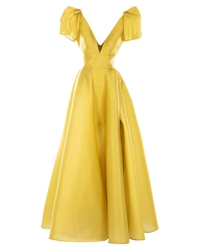 Gemy Maalouf Wide V-neckline Puffed Dress - Long Dresses In Yellow