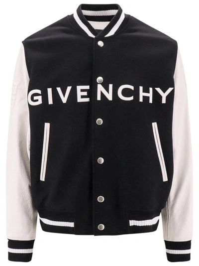 GIVENCHY FRONTAL LOGO WOOL AND LEATHER BOMBER JACKET