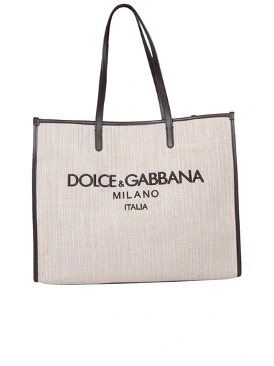 Dolce & Gabbana Canvas Shopping Beige Bag In Neutrals