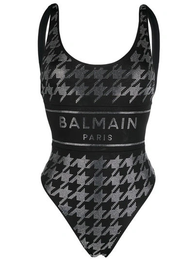 Balmain 水钻缀饰logo连体泳衣 In Black