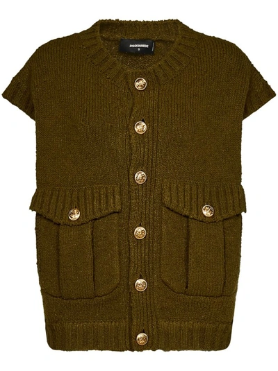 Dsquared2 Buttoned Wool Knit Cardigan Vest In Green
