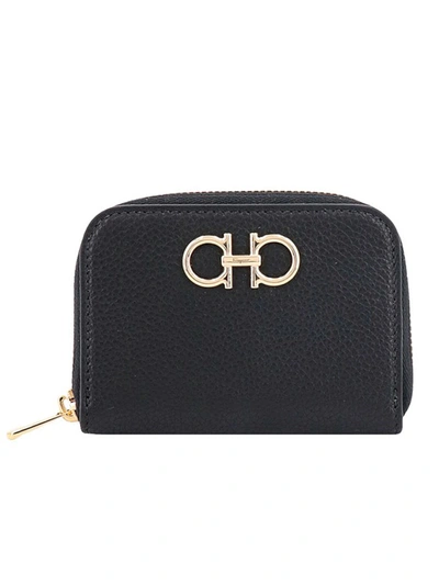 Ferragamo Leather Card Holder With Iconic Gancini Detail In Black