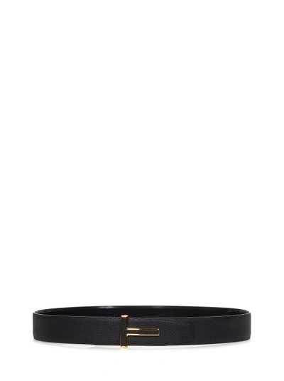 Tom Ford Black Grained Leather T-buckle Belt