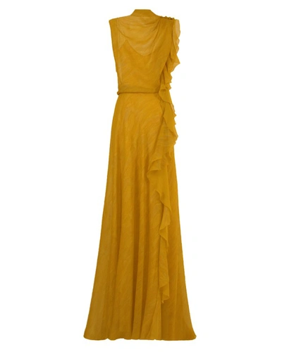 Gemy Maalouf Mustard Side Ruffled Dress - Long Dresses In Gold