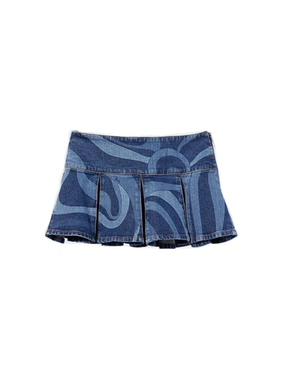 Pucci Abstract-print Pleated Denim Skirt In Blue