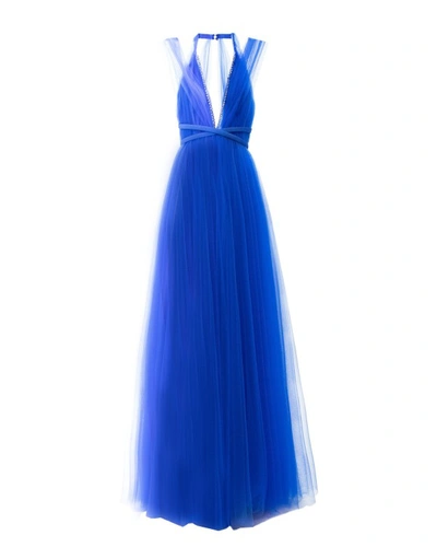 Gemy Maalouf Royal Blue V-neckline Dress - Long Dresses