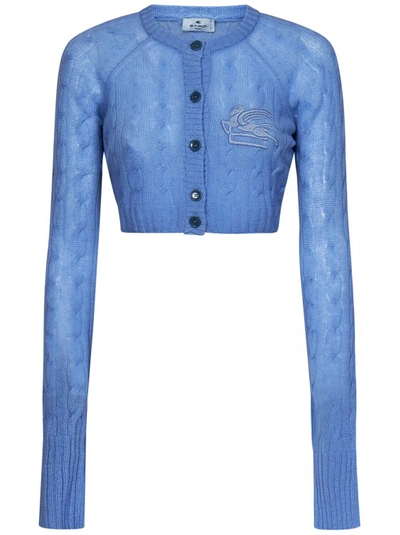 Etro Logo-embroidered Cropped Cardigan In Light Blue
