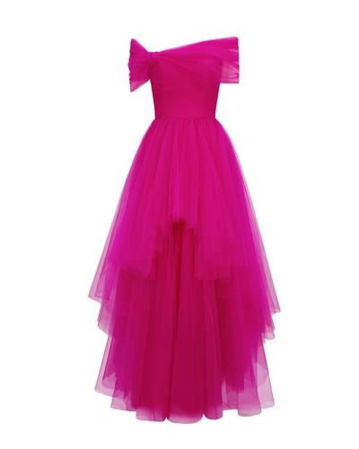 Gemy Maalouf Asymmetrical Tulle Fuchsia Dress - Long Dresses In Pink