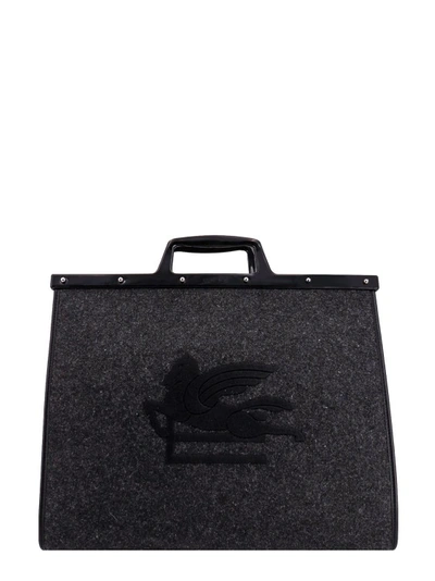 Etro Embroidered Logo Wool Handbag In Black