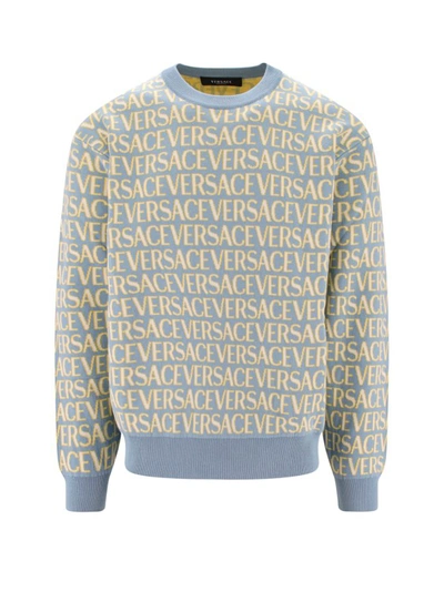 Versace Cotton Jumper With All-over Logo In Multicolor