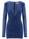 Saint Laurent Ruched V-neck Mini Dress In Blue