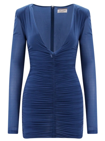 Saint Laurent Draped Fabric Dress In Blue