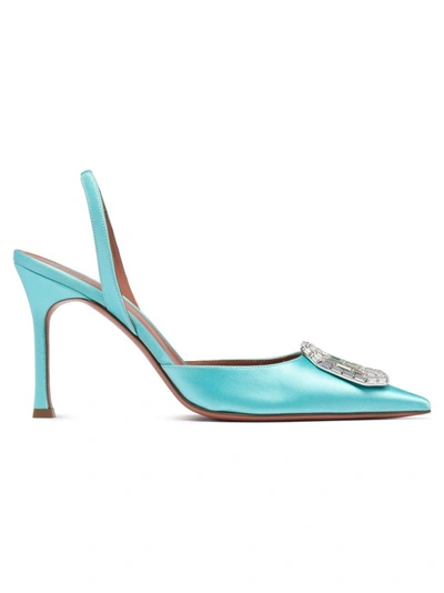 Amina Muaddi Camelia Crystal-embellished Satin And Leather Slingback Pumps In Green