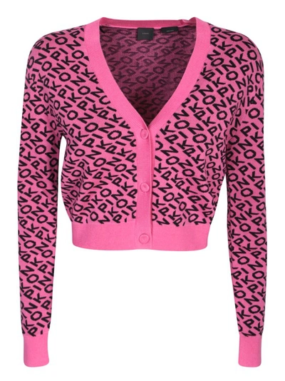 Pinko Allover Logo Knitted Cardigan In Pink/black
