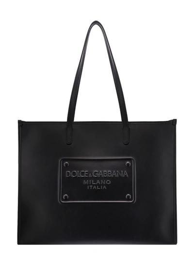 Dolce & Gabbana Leather Shopping Bag With Embossed Logo In Black