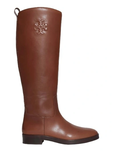 Tory Burch Logo-embossed Tall Leather Boots In 褐色