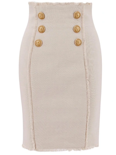 Balmain High Waist Button Detail Midi Skirt In Beige