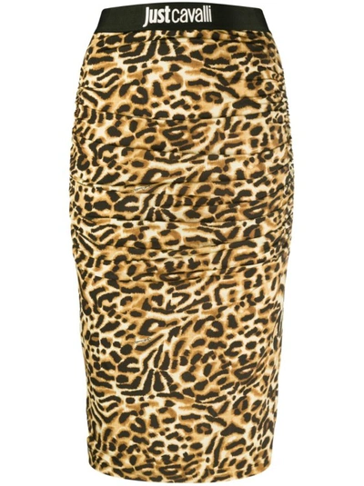 Just Cavalli Logo-waistband Leopard-print Pencil Skirt In Brown