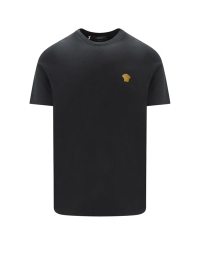 Versace Cotton T-shirt With Embroidered Logo On The Front In Black