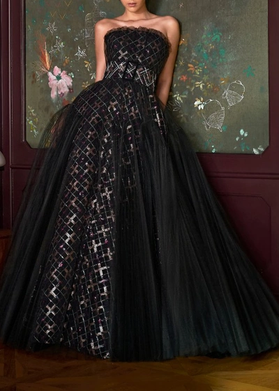 Khoon Hooi Josephine Strapless Sequined Plaid Tulle Gown In Black