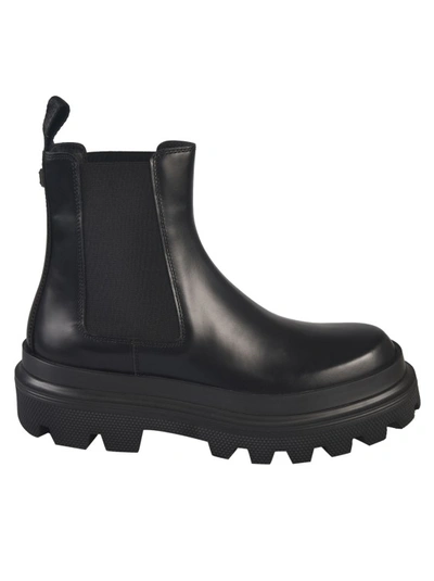 DOLCE & GABBANA BLACK BRUSHED LEATHER ANKLE BOOTS