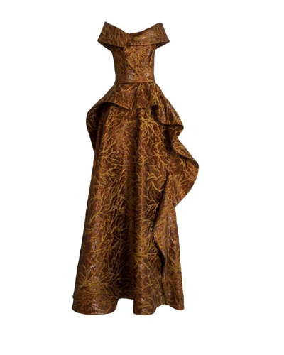 Gemy Maalouf Overlapped Neckline Jacquard Gown In Brown