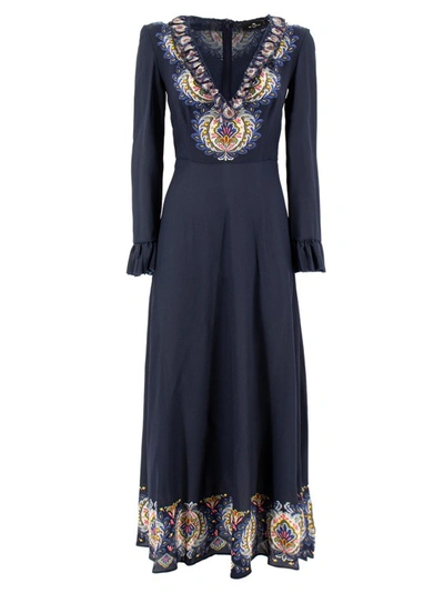 Etro Long Silk Dress With Ruching In Navy Blue