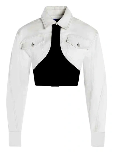 Mugler Cropped Denim Jacket In White And Black