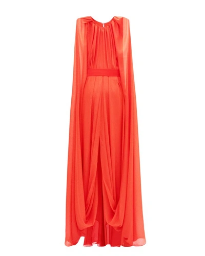 Gemy Maalouf Cape-like Sleeves Chiffon Gown In Orange