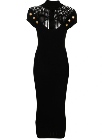 BALMAIN BLACK KNITTED SHEATH MIDI DRESS