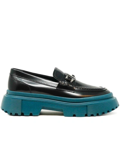 Hogan Black Leather Moccasins With Teal Bottom